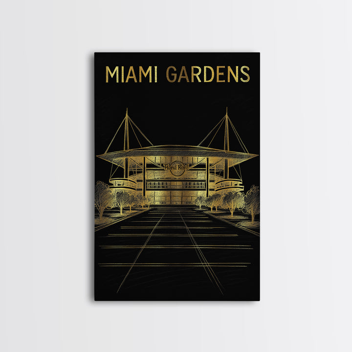 Miami Gardens Florida Travel Poster, Canvas Print, Black And Gold Line Art, Miami Gardens City Art, Retro Travel Print, Modern Wall Decor