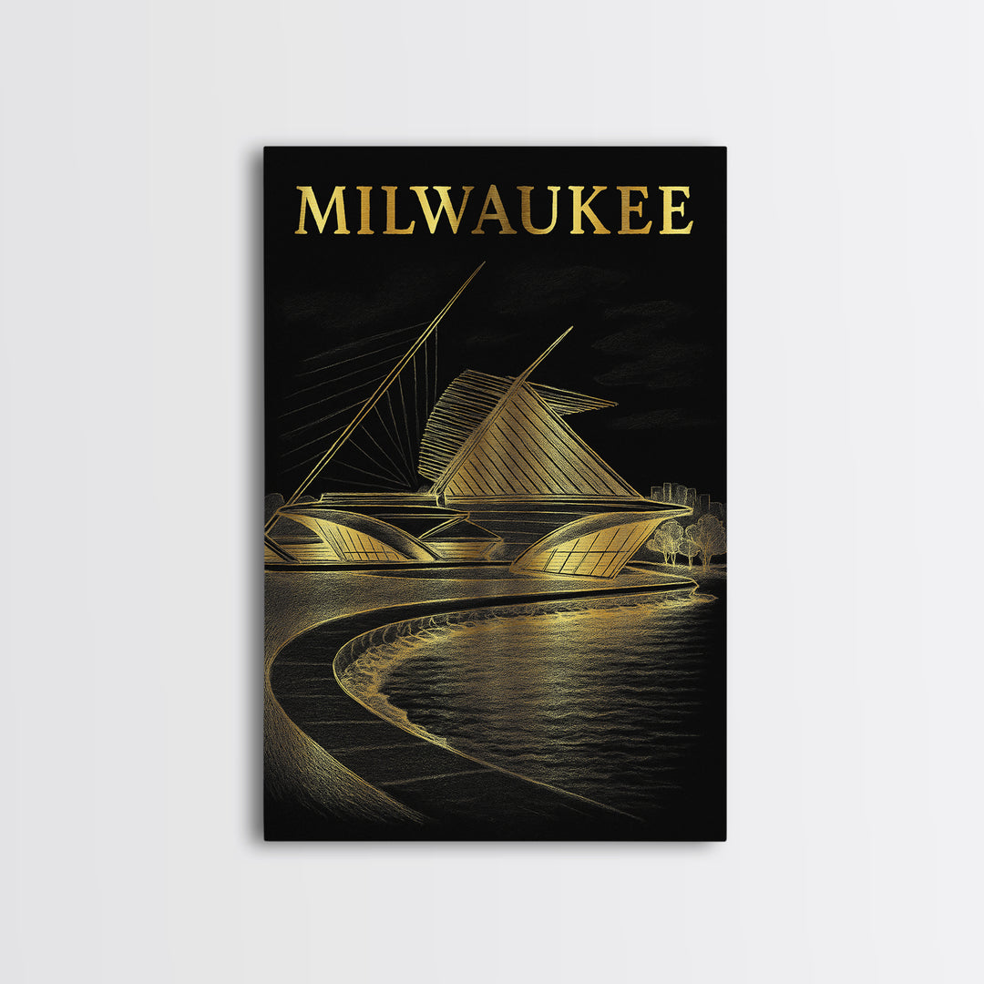 Milwaukee Wisconsin Travel Poster, Canvas Print, Elegant Gold City Art, Milwaukee Poster Print, Mid Century Wall Art, Vintage Travel Art