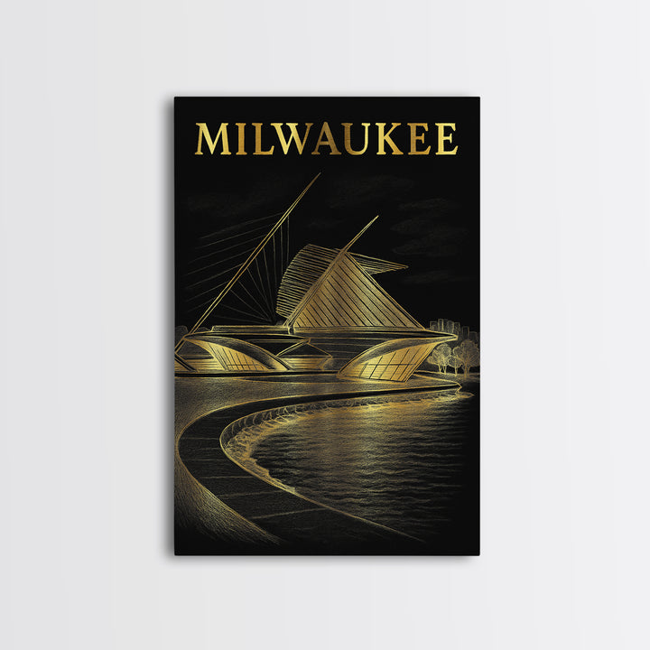 Milwaukee Wisconsin Travel Poster, Canvas Print, Elegant Gold City Art, Milwaukee Poster Print, Mid Century Wall Art, Vintage Travel Art