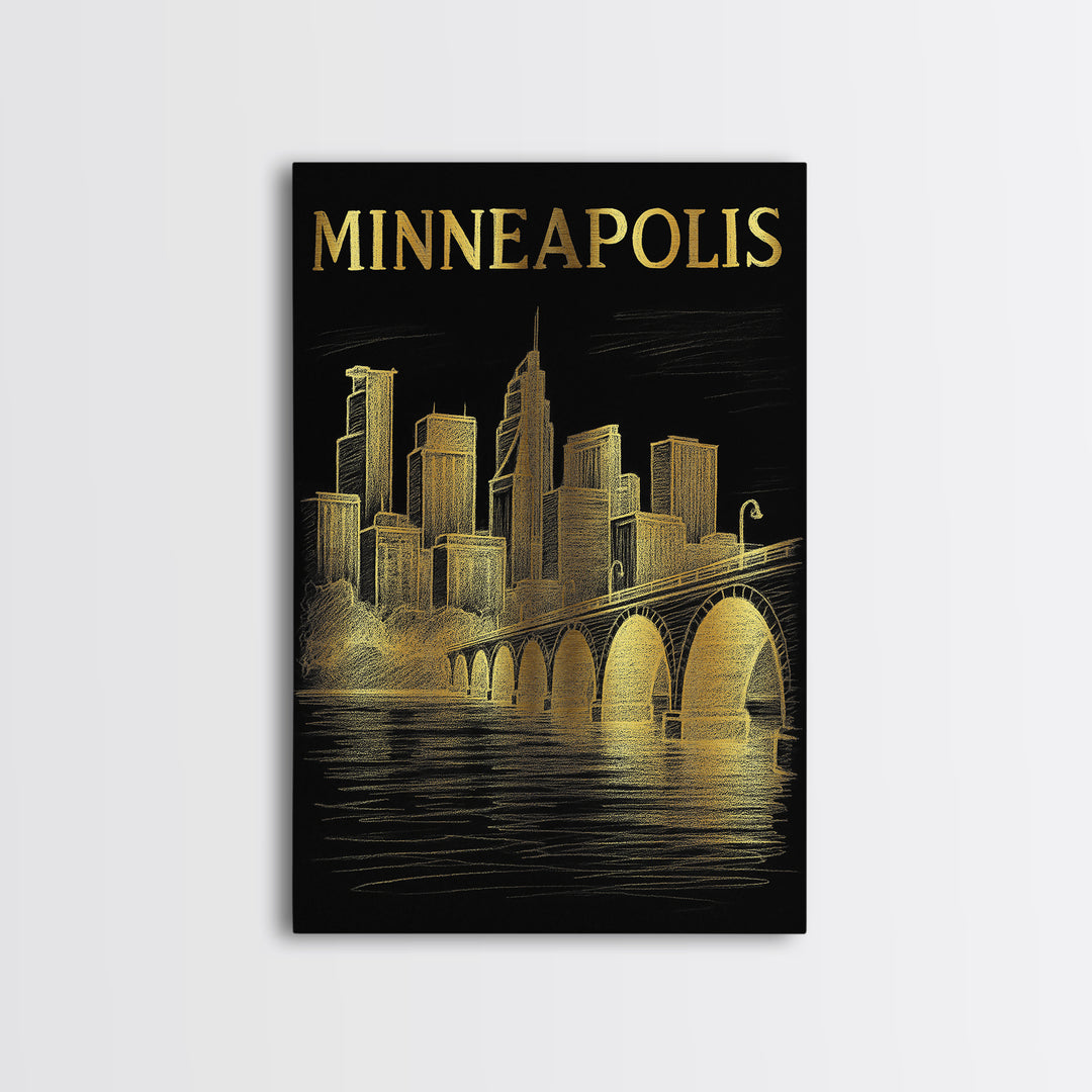 Minneapolis Minnesota Travel Poster, Canvas Print, Black And Gold Line Art, Minneapolis Wall Art, Travel Wall Art, Office Decor