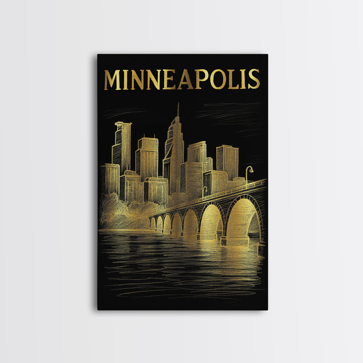 Minneapolis Minnesota Travel Poster, Canvas Print, Black And Gold Line Art, Minneapolis Wall Art, Travel Wall Art, Office Decor