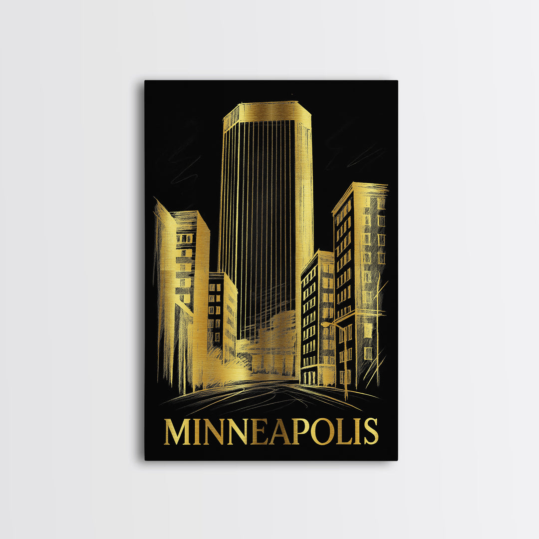 Minneapolis Travel Poster, Framed Canvas Print, Gold Sketch Wall Art, Minneapolis City Art, Gift For Travelers, Travel Wall Decor