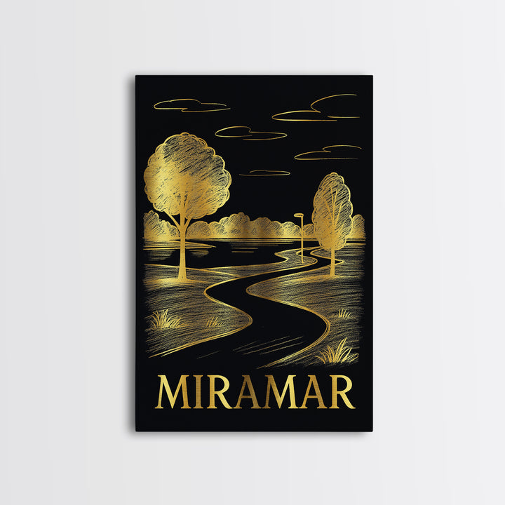 Miramar Travel Poster, Canvas Print, Gold Sketch Wall Art, Miramar Travel Art, Vintage City Poster, Travel Art Print, Travel Wall Art