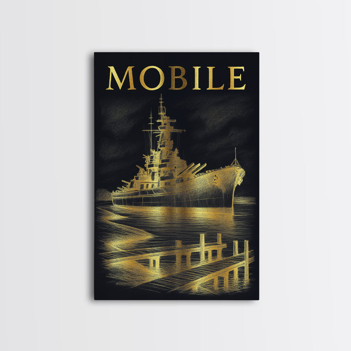 Mobile Alabama Travel Poster, Canvas Print, Black And Gold Line Art, Mobile Wall Art, Vintage City Art, City Illustration, Wall Art