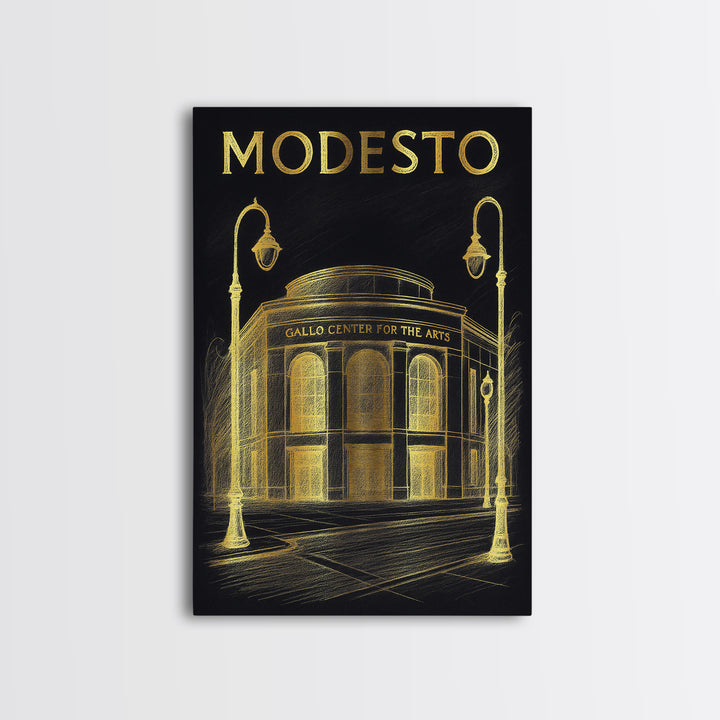 Modesto California Travel Poster, Canvas Print, Gold Sketch Wall Art, Modesto Travel Art, Mid Century Wall Art, Wanderlust Decor, Poster Art