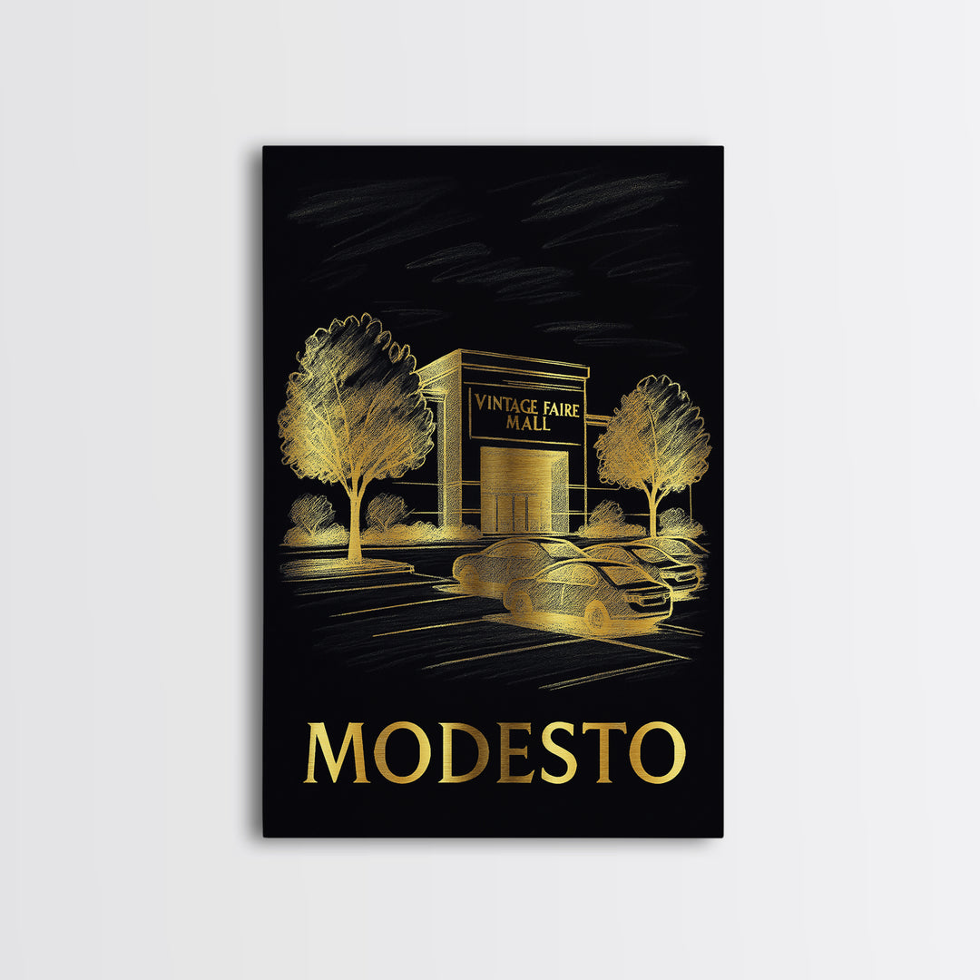 Modesto Travel Poster, Framed Canvas Print, Gold Sketch Wall Art, Modesto City Art, Retro Travel Print, Travel Poster Art, Fine Art Print
