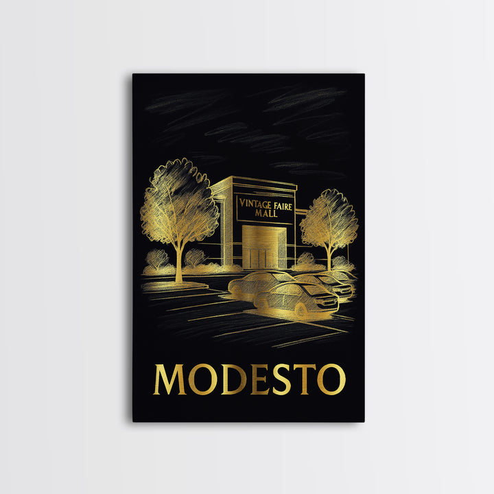 Modesto Travel Poster, Framed Canvas Print, Gold Sketch Wall Art, Modesto City Art, Retro Travel Print, Travel Poster Art, Fine Art Print