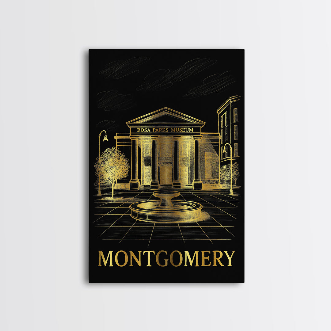 Montgomery Travel Poster, Framed Canvas Print, Gold Sketch Wall Art, Montgomery Art Print, Watercolor Skyline, Wanderlust Decor
