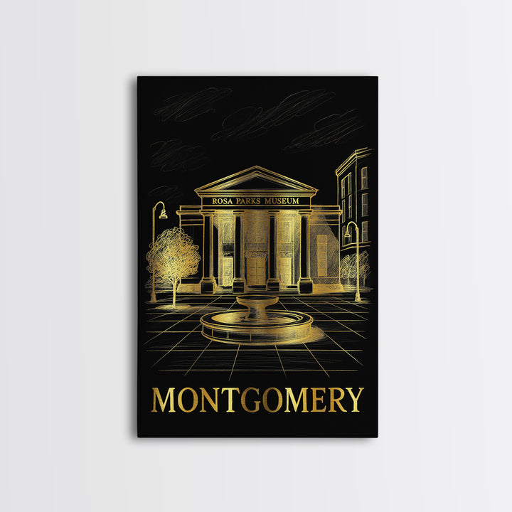 Montgomery Travel Poster, Framed Canvas Print, Gold Sketch Wall Art, Montgomery Art Print, Watercolor Skyline, Wanderlust Decor