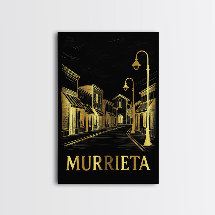 Murrieta Travel Poster, Framed Canvas Print, Gold Sketch Wall Art, Murrieta Poster Print, Mid Century Wall Art, Watercolor Downtown Skyline