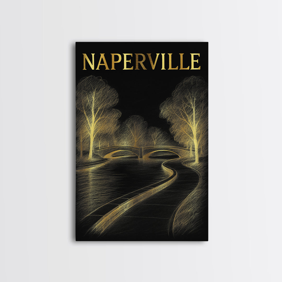 Naperville Illinois Travel Poster, Framed Canvas Print, Elegant Gold City Art, Naperville Art Print, Gift For Travelers, Travel Poster Set