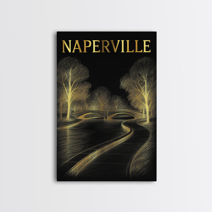 Naperville Illinois Travel Poster, Framed Canvas Print, Elegant Gold City Art, Naperville Art Print, Gift For Travelers, Travel Poster Set