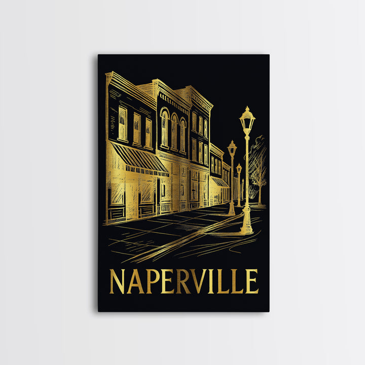 Naperville Travel Poster, Canvas Print, Elegant Gold City Art, Naperville City Art, City Art Print, Watercolor Skyline, City Illustration