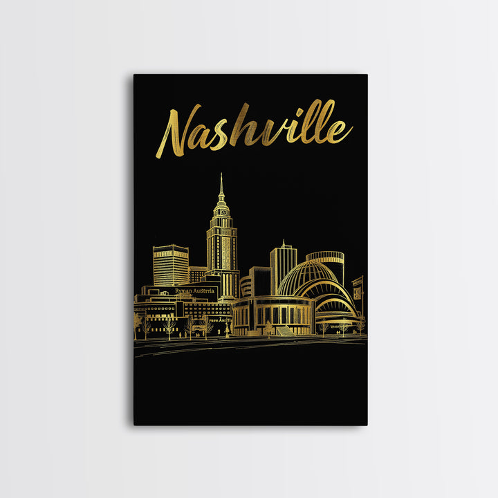 Nashville Travel Poster, Framed Canvas Print, Elegant Gold City Art, Nashville Wall Art, Modern Wall Decor, City Illustration, Wall Art