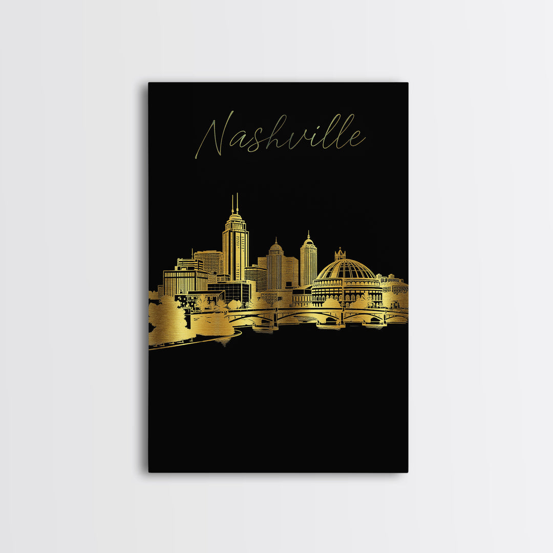 Nashville Travel Poster, Framed Canvas Print, Black And Gold Line Art, Nashville Travel Art, Travel Art Print, Watercolor Downtown Skyline