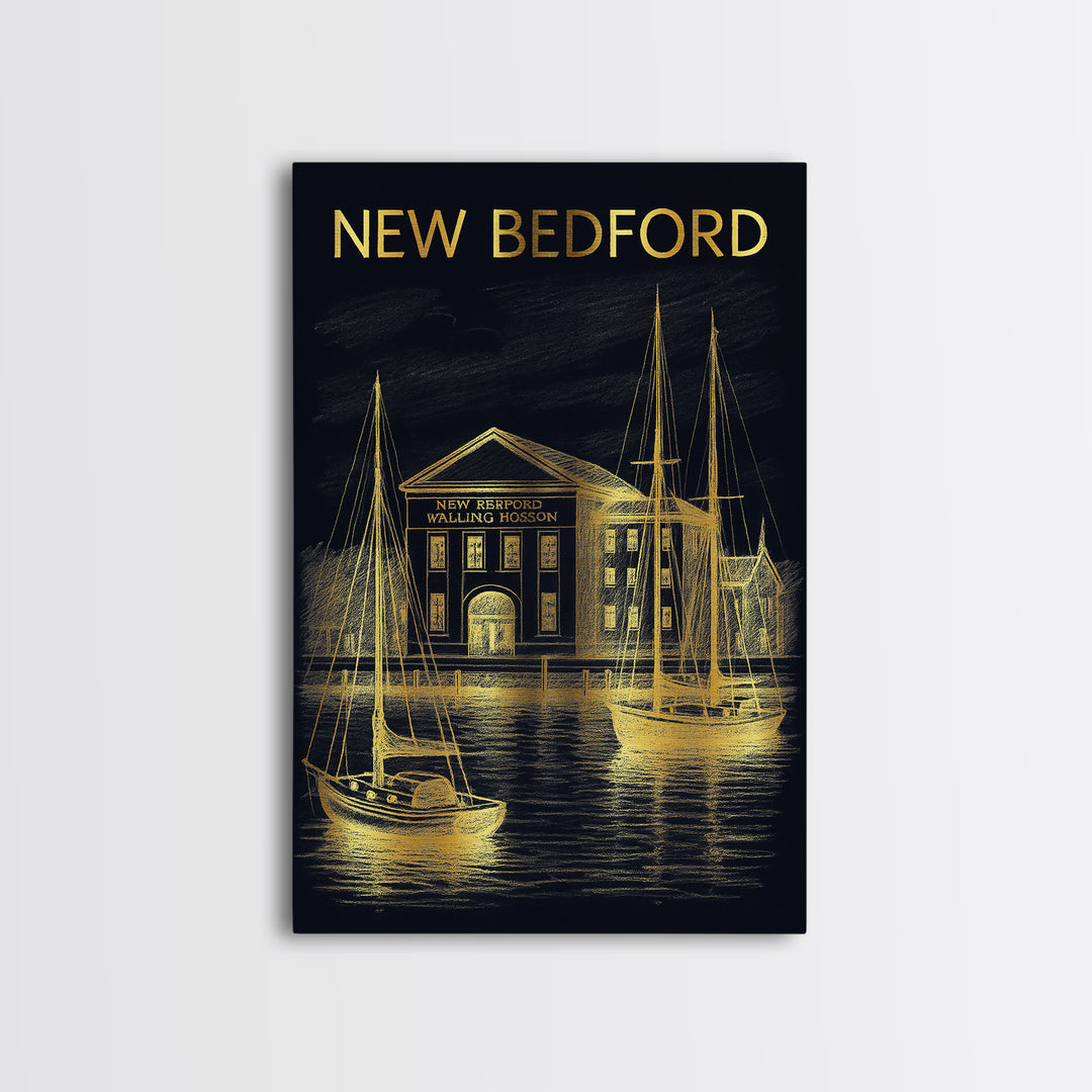 New Bedford Massachusetts Travel Poster, Canvas Print, Gold Sketch Wall Art, New Bedford City Art, Poster Art, Wanderlust Decor
