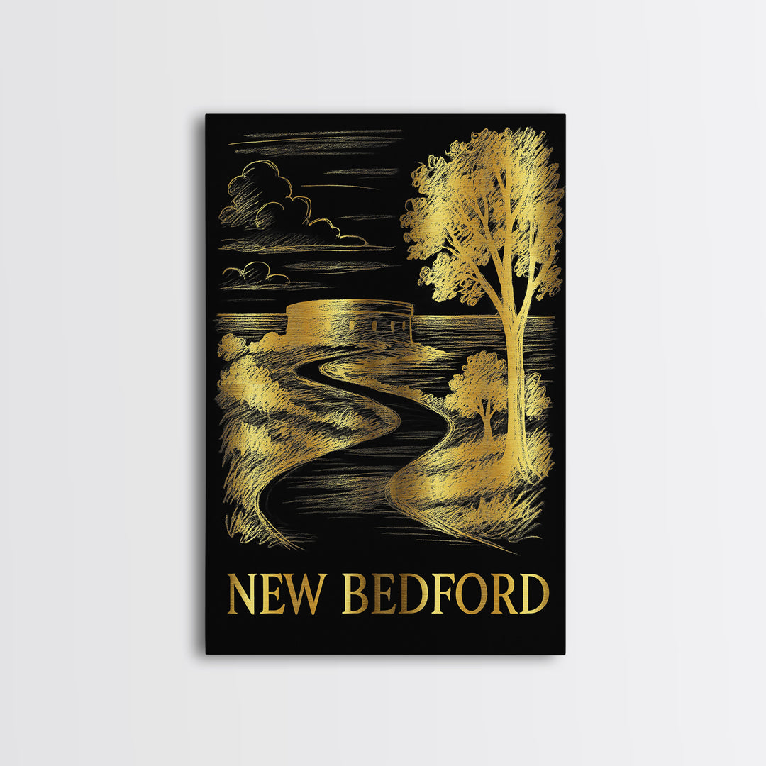 New Bedford Travel Poster, Framed Canvas Print, Elegant Gold City Art, New Bedford Wall Art, City Travel Prints, Gift For Travelers