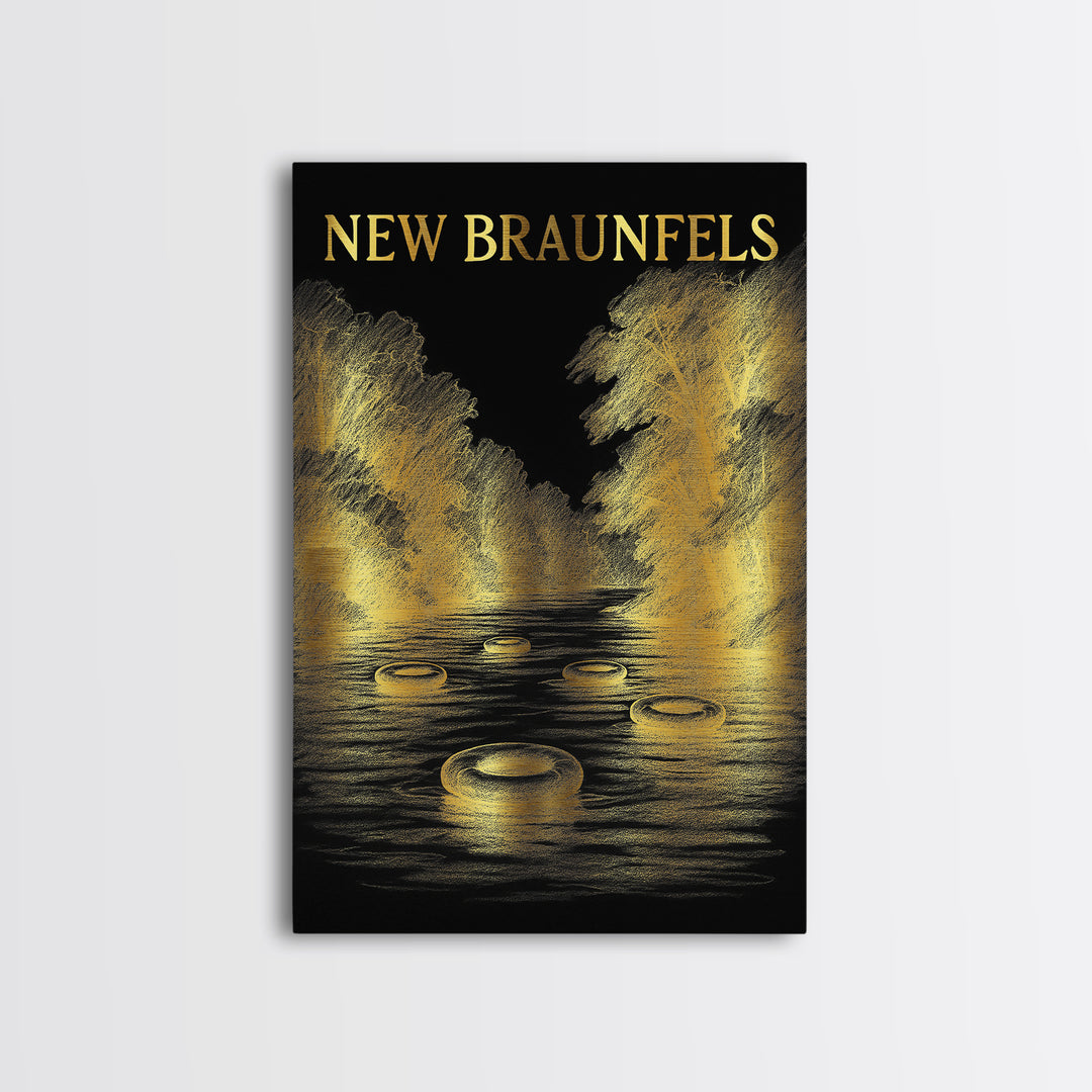 New Braunfels Texas Travel Poster, Canvas Print, Black And Gold Line Art, New Braunfels Art Print, Mid Century Wall Art, Vintage City Art