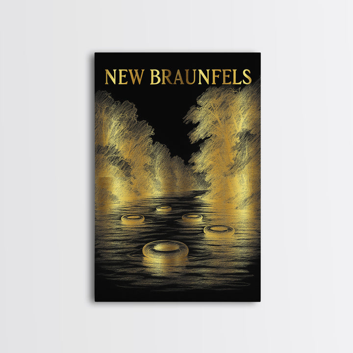 New Braunfels Texas Travel Poster, Canvas Print, Black And Gold Line Art, New Braunfels Art Print, Mid Century Wall Art, Vintage City Art