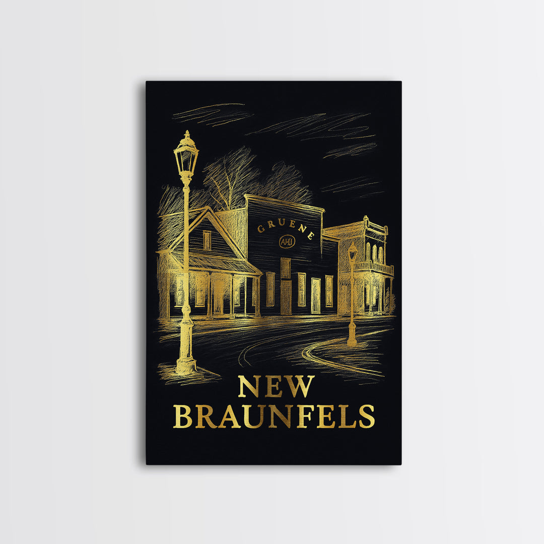 New Braunfels Travel Poster, Framed Canvas Print, Gold Sketch Wall Art, New Braunfels Wall Art, Gift For Travelers, Vintage City Poster