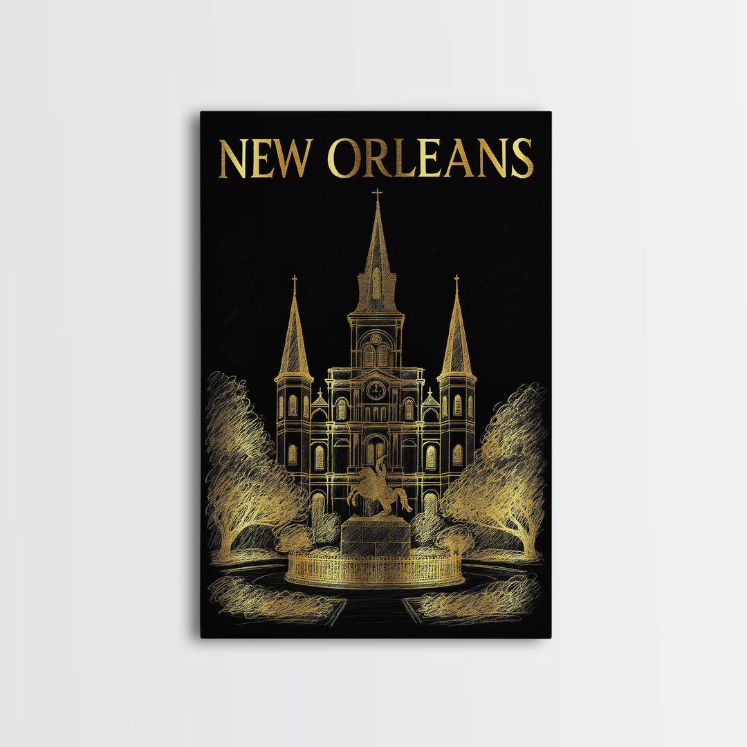 New Orleans Louisiana Travel Poster, Canvas Print, Elegant Gold City Art, New Orleans Poster Print, City Illustration, Home Office Decor