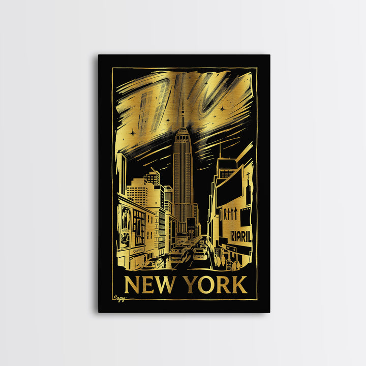New York Travel Poster, Framed Canvas Print, Dark Background Poster Art, New York Art Print, Retro Travel Print, Travel Poster Art