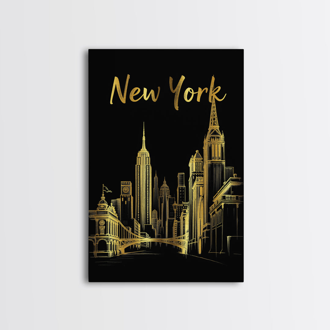 New York Travel Poster, Framed Canvas Print, Elegant Gold City Art, New York Art Print, City Art Print, City Travel Prints, Travel Decor