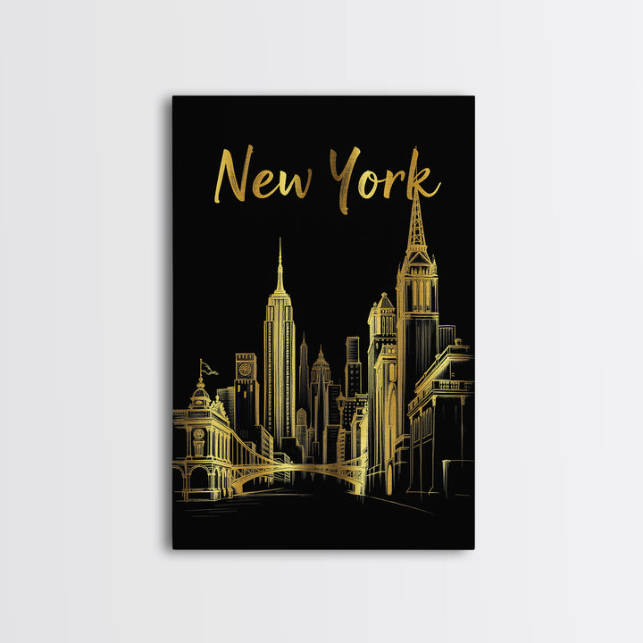 New York Travel Poster, Framed Canvas Print, Elegant Gold City Art, New York Art Print, City Art Print, City Travel Prints, Travel Decor
