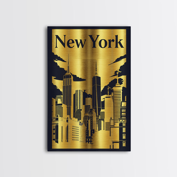 New York Travel Poster, Canvas Print, Black And Gold Line Art, New York Poster Print, Watercolor Skyline, City Illustration, Design 4