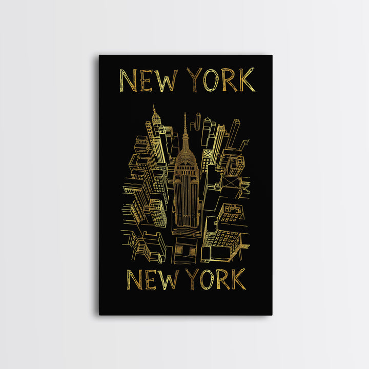 New York Travel Poster, Canvas Print, Black And Gold Line Art, New York City Art, Vintage Travel Art, Mid Century Wall Art, City Art Print
