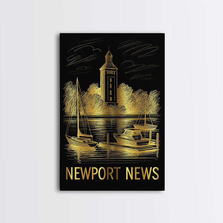 Newport News Travel Poster, Canvas Print, Elegant Gold City Art, Newport News City Art, Travel Wall Decor, City Illustration, Design 2