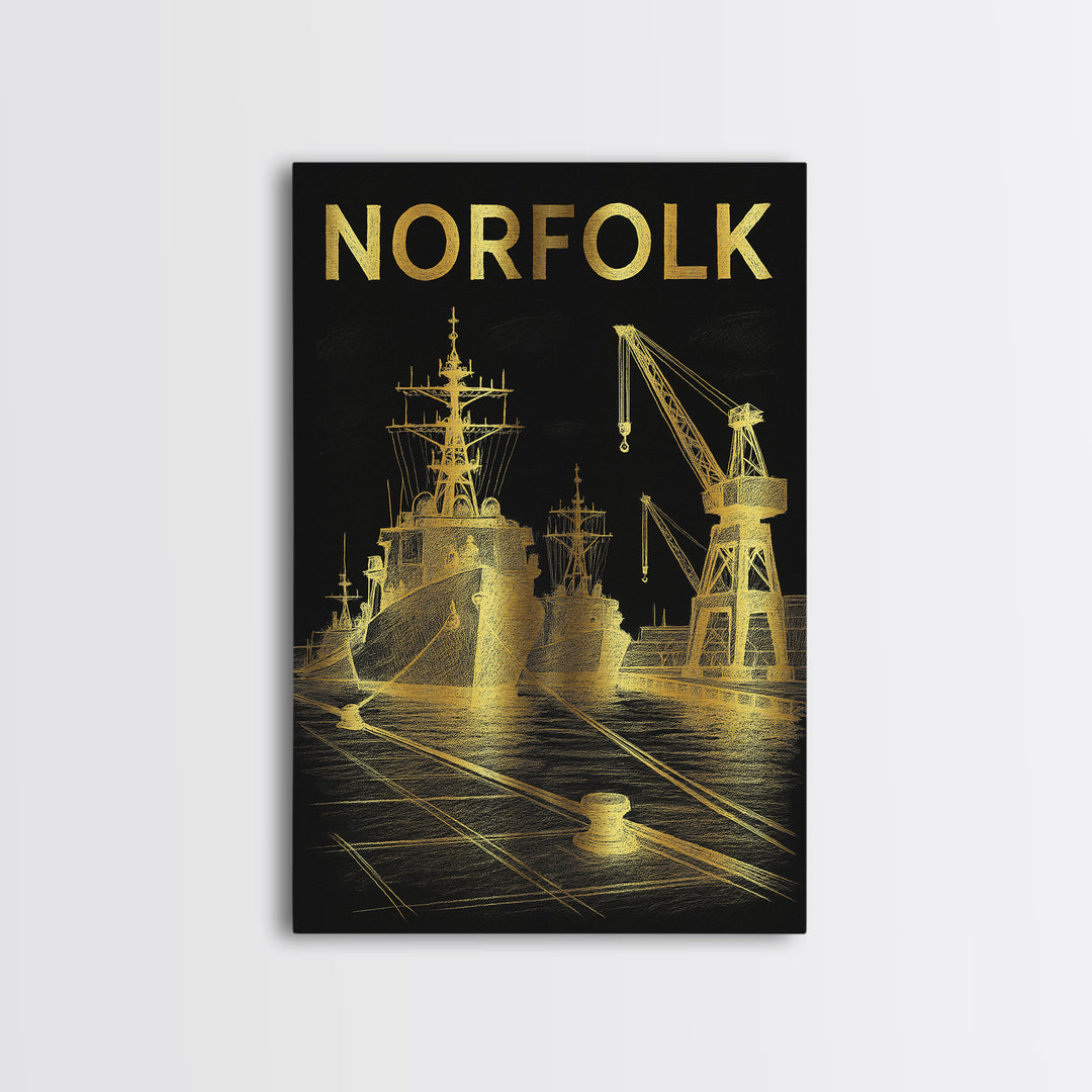 Norfolk Virginia Travel Poster, Framed Canvas Print, Elegant Gold City Art, Norfolk Poster Print, Travel Poster Set, Vintage Travel Art