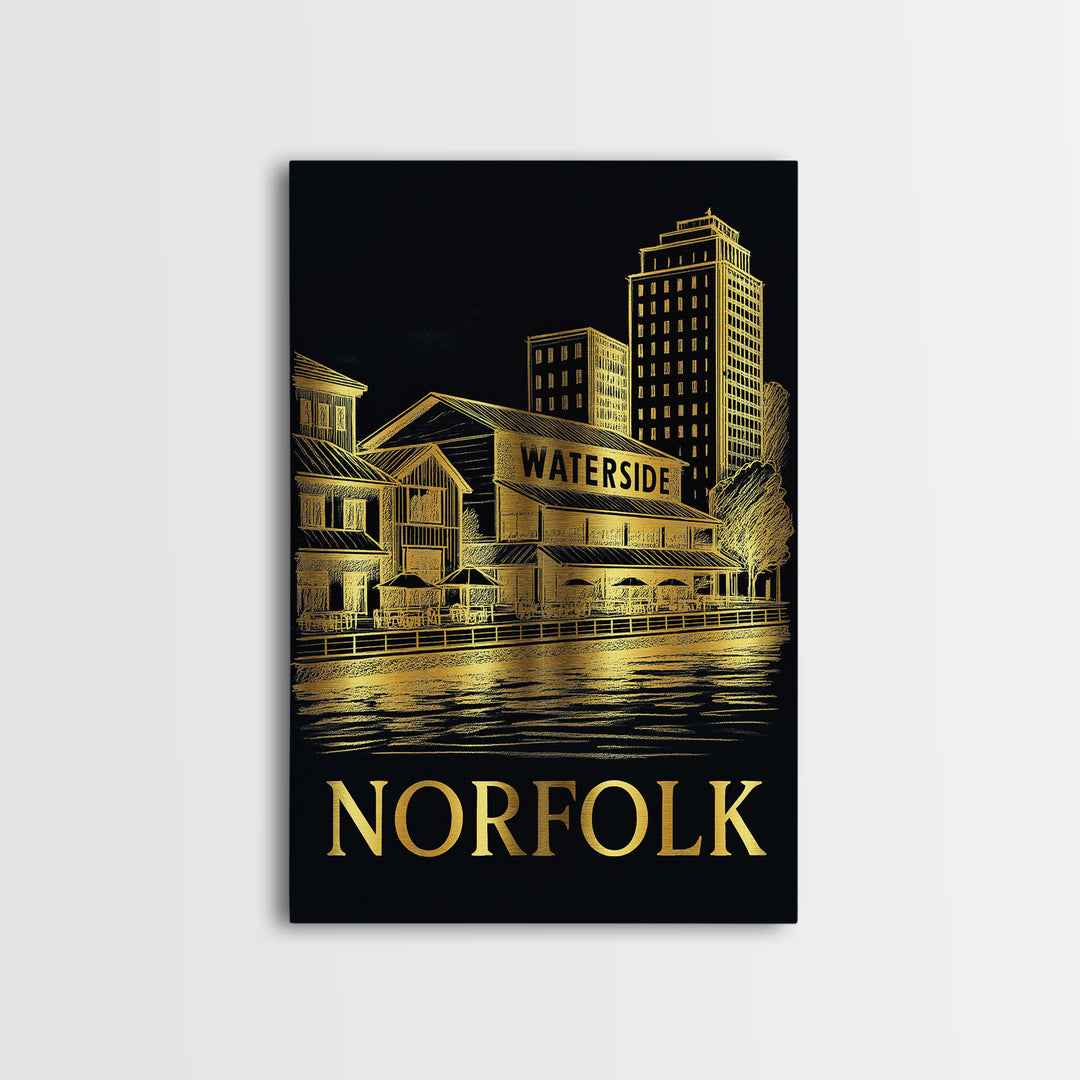Norfolk Travel Poster, Framed Canvas Print, Gold Sketch Wall Art, Norfolk Wall Art, Home Office Decor, Wanderlust Decor, Gift For Travelers