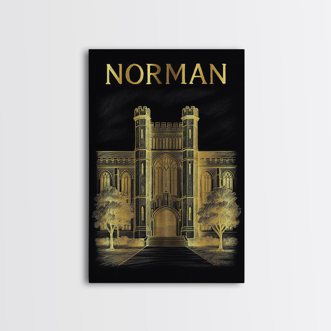 Norman Oklahoma Travel Poster, Canvas Print, Elegant Gold City Art, Norman City Art, Vintage City Poster, Vintage Travel Art, Vintage Poster