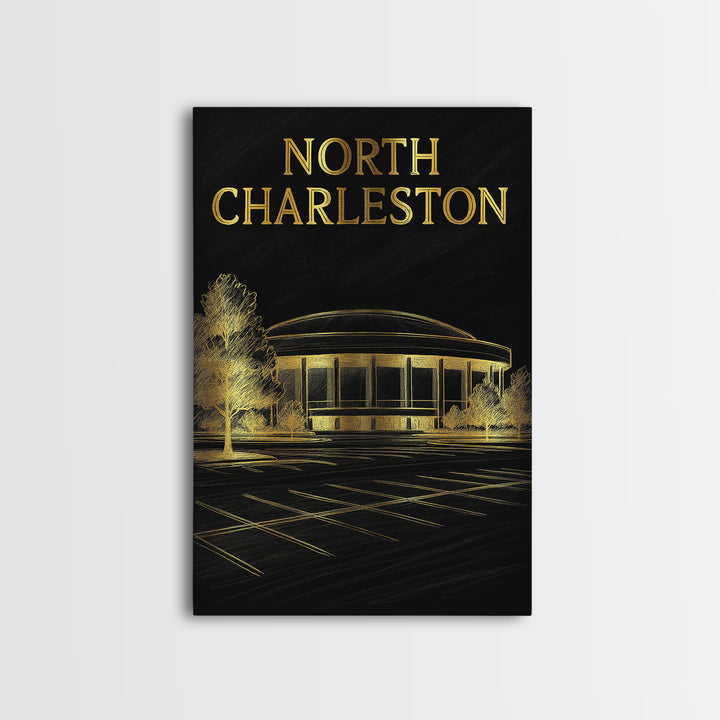 North Charleston Travel Poster, Framed Canvas Print, Black And Gold Line Art, North Charleston Travel Art, Vintage City Art, Poster Art