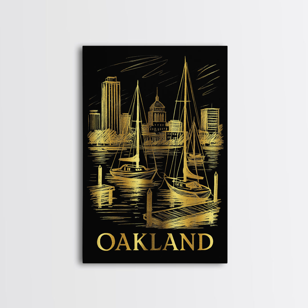 Oakland Travel Poster, Canvas Print, Gold Sketch Wall Art, Oakland Travel Art, Watercolor Downtown Skyline, Travel Poster Set, Travel Art