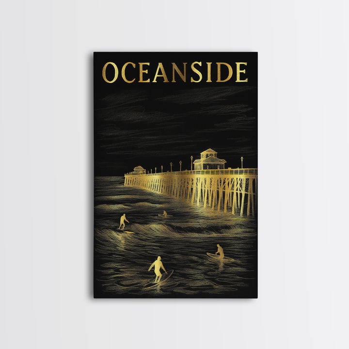 Oceanside California Travel Poster, Canvas Print, Elegant Gold City Art, Oceanside Poster Print, Travel Poster Art, Vintage Travel Art