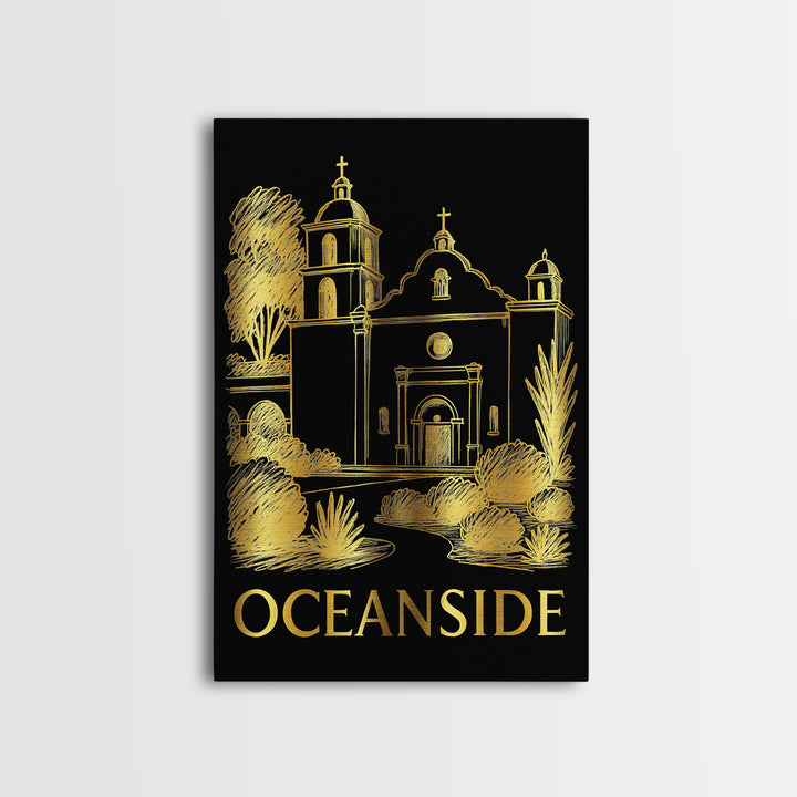 Oceanside Travel Poster, Framed Canvas Print, Black And Gold Line Art, Oceanside Travel Art, Fine Art Print, Eclectic Wall Decor