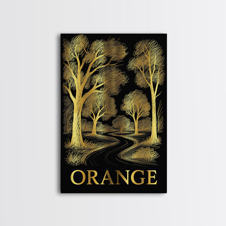 Orange Travel Poster, Canvas Print, Gold Sketch Wall Art, Orange Travel Art, Vintage City Art, Travel Art Print, Living Room Wall Art