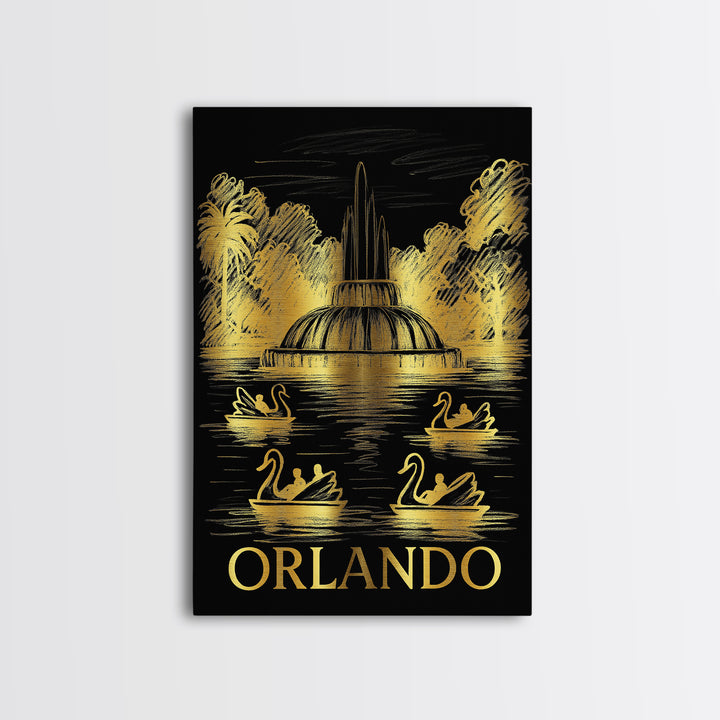 Orlando Travel Poster, Framed Canvas Print, Black And Gold Line Art, Orlando Art Print, Vintage City Poster, City Art Print, Art Print