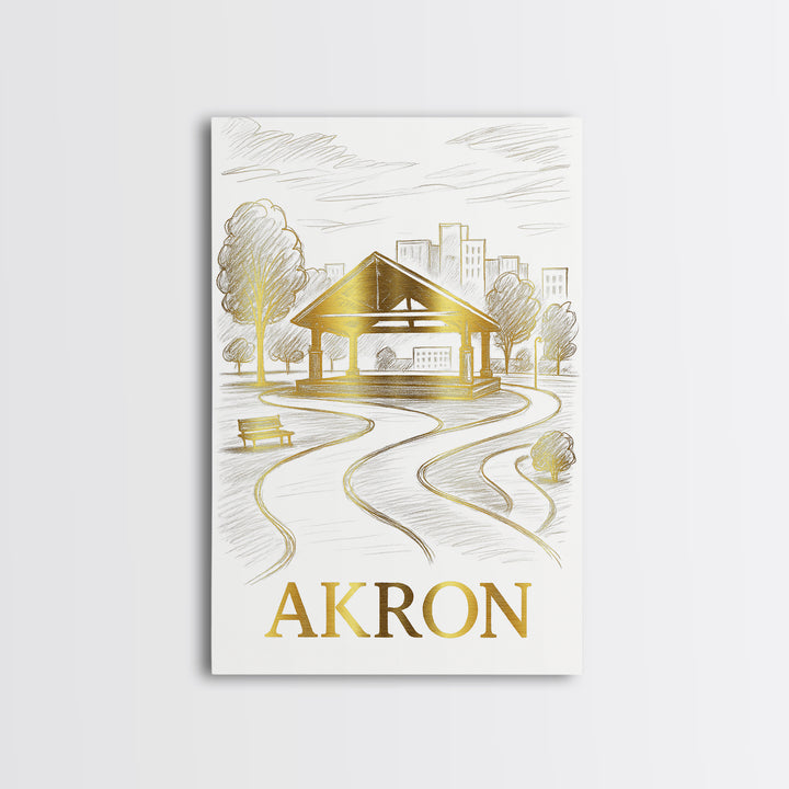 Akron Travel Poster, Framed Canvas Print, Gold Line Drawing Wall Art, Akron City Art, Living Room Wall Art, Travel Wall Decor, Design 2