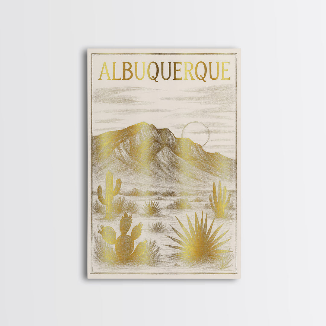 Albuquerque New Mexico Travel Poster, Canvas Print, Gold Line Drawing Wall Art, Albuquerque Art Print, City Art Print, Gift For Travelers