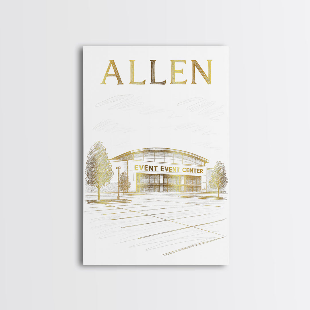 Allen Texas Travel Poster, Canvas Print, Gold Line Drawing Wall Art, Allen Art Print, Office Decor, Wanderlust Decor, Eclectic Wall Decor