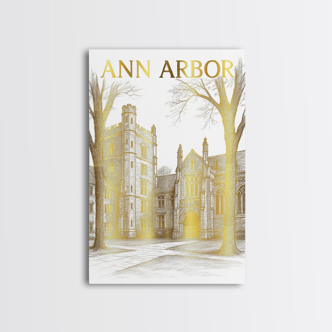 Ann Arbor Michigan Travel Poster, Canvas Print, Gold Line Drawing Wall Art, Ann Arbor Travel Art, Mid Century Wall Art, Travel Wall Decor