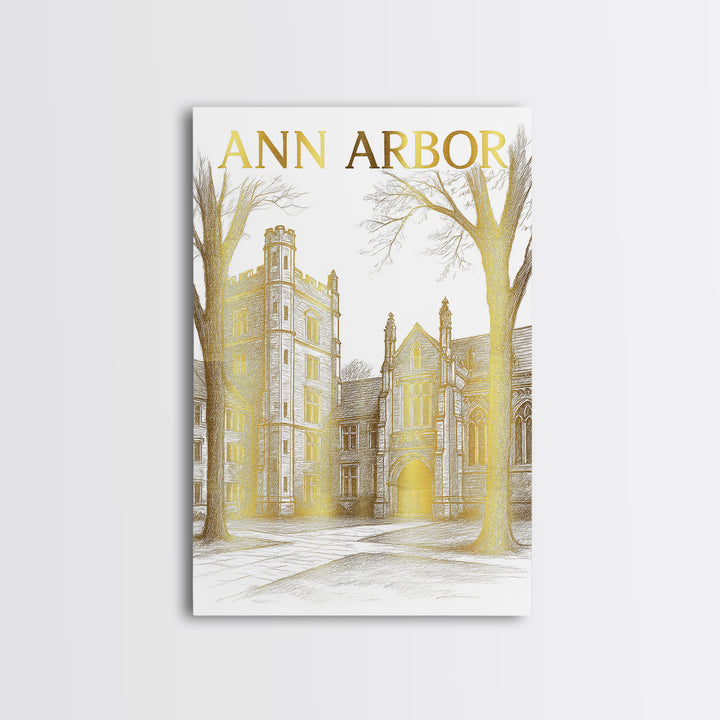 Ann Arbor Michigan Travel Poster, Canvas Print, Gold Line Drawing Wall Art, Ann Arbor Travel Art, Mid Century Wall Art, Travel Wall Decor