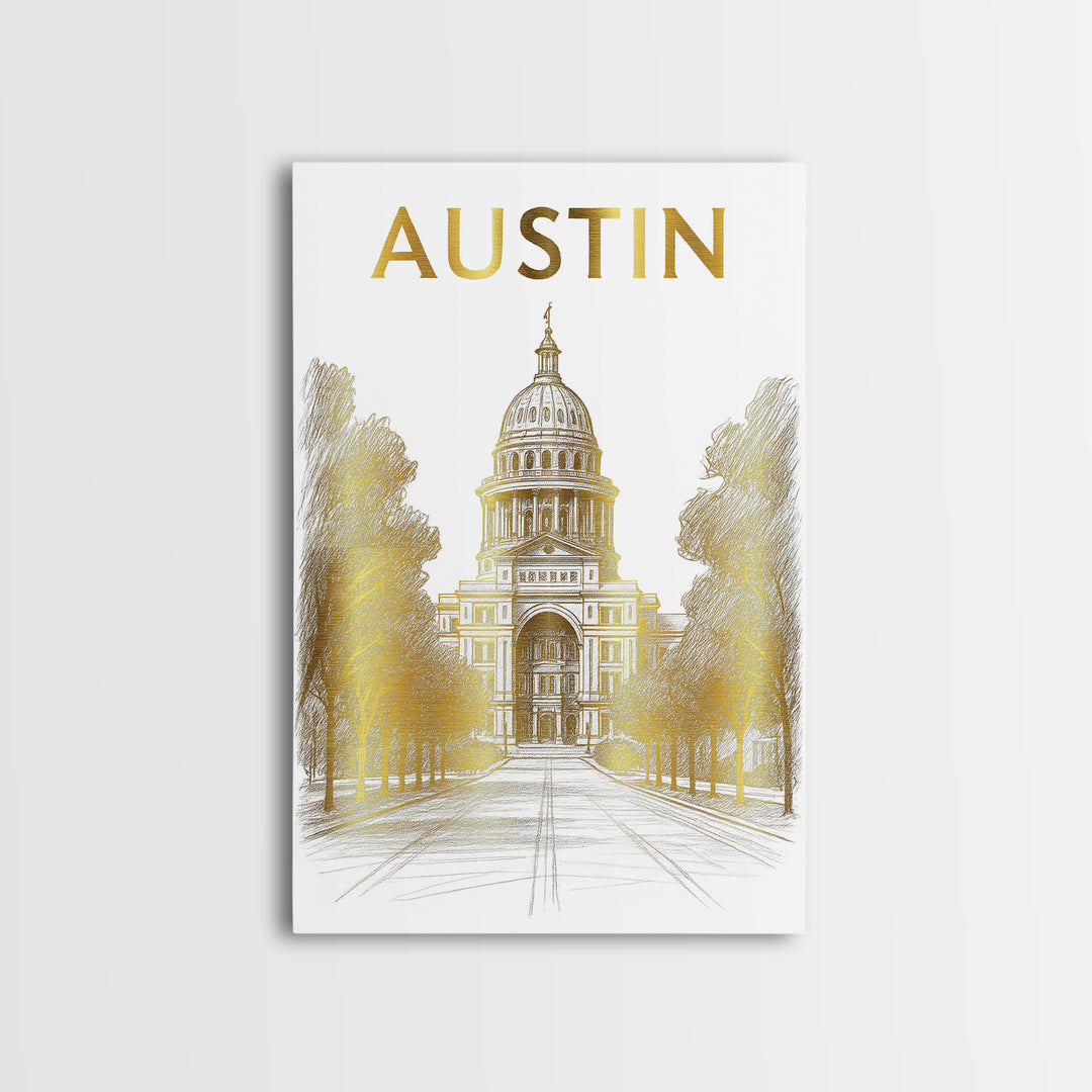 Austin Travel Poster, Framed Canvas Print, Elegant City Illustration, Austin Travel Art, City Travel Prints, Vintage City Art, Design 2