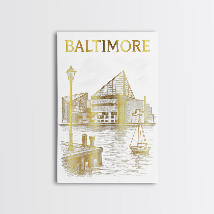 Baltimore Maryland Travel Poster, Framed Canvas Print, White And Gold Sketch Art, Baltimore Art Print, Travel Wall Decor, City Art Print