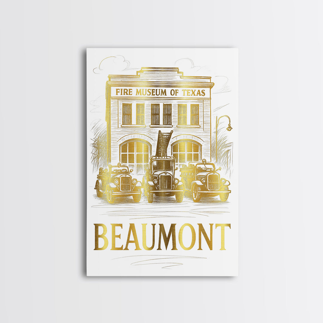 Beaumont Travel Poster, Framed Canvas Print, Gold Line Drawing Wall Art, Beaumont City Art, Home Office Decor, City Travel Prints