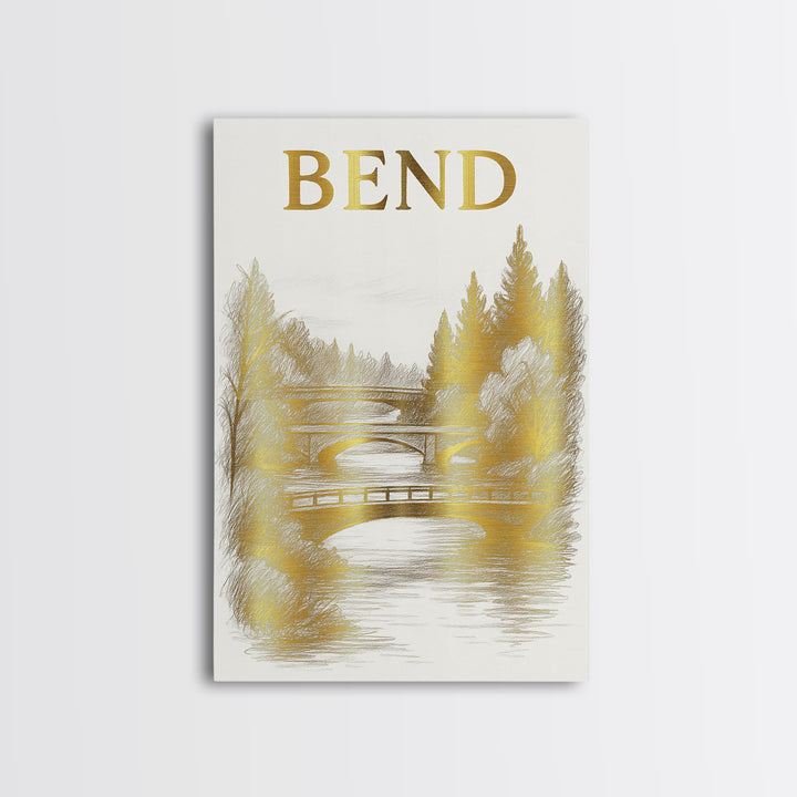 Bend Oregon Travel Poster, Canvas Print, White And Gold Sketch Art, Bend Art Print, Vintage City Poster, City Art Print, Fine Art Print