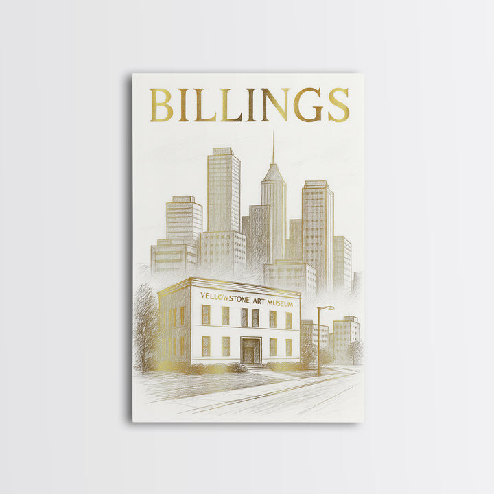 Billings Montana Travel Poster, Framed Canvas Print, Gold Line Drawing Wall Art, Billings Art Print, Travel Wall Art, Travel Wall Decor